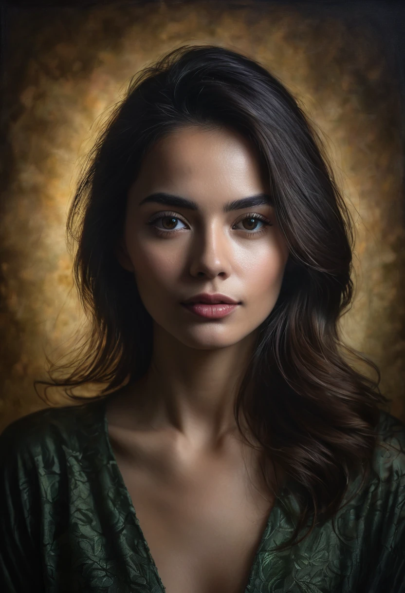 Retrato de mujer muy seria con fondo obscuro, imagen hiper realista