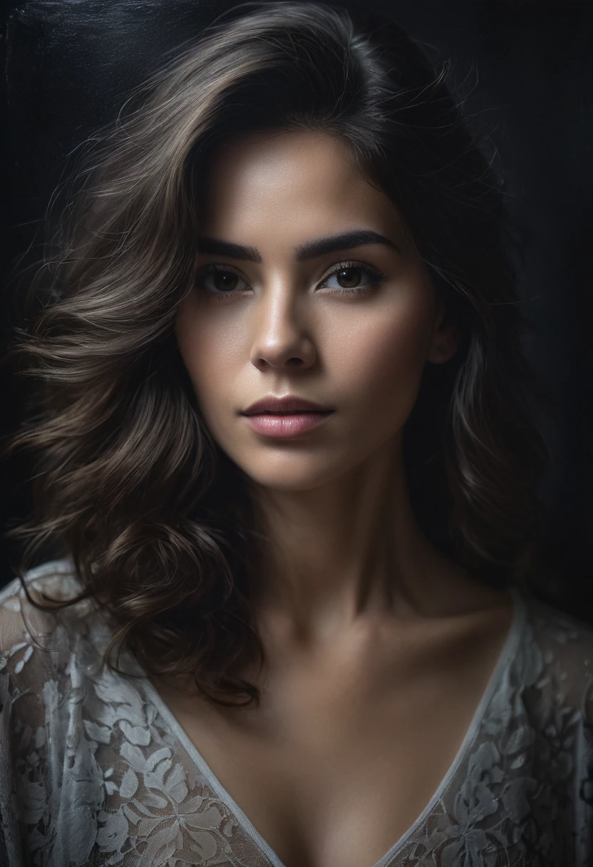 Retrato de mujer muy seria con fondo obscuro, imagen hiper realista