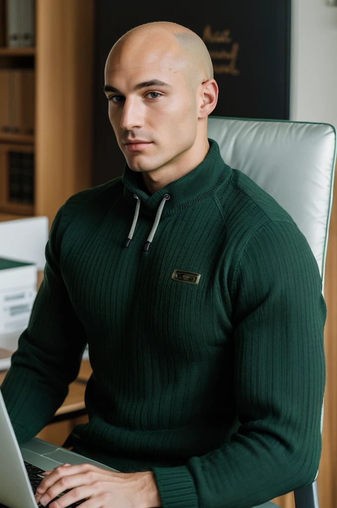 ((8k ((best quality)), ((masterpiece)), (very detailed), real face bald male muscular male full body wear green pullover working on laptop at office
