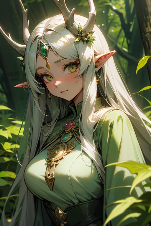 Beautiful busty Anime dryad woman. Long silky silver hair festooned with wild flowers. Set in a verdant dense forest at dusk. She is covered by leafy vestiges. Her skin tone is bronze and her cheeks are beslekled with white frekles. Her emerald eyes have a piercing gaze. Her antlers are sepia are short, and mossy.