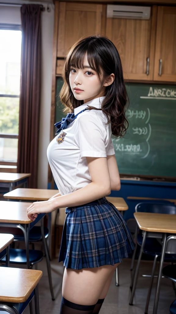 masterpiece, best quality, illustration, Super detailed, fine details, High resolution, 8K,wall paper, perfect dynamic composition,(Details High quality, realistic depiction of eyes:1.3), from side, High School Classroom、High school girl uniform、blazer 、Super Short Check Uniform Skirt、Navy blue high socks、garterbelts、Colossal tits、Disturbed uniform, short hair, (wavy hair:1.2), short bob hair, black hair color, large breasts, Big Natural Color Lip, acrobatic pose, perfect body shape, crying a little、Harajuku style、20 year old girl、cute type, beautiful legs, hposing Gravure Idol, Voluptuous thighs