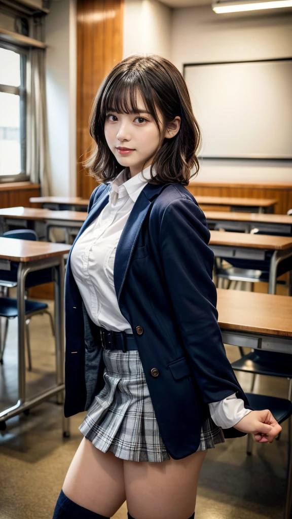 masterpiece, best quality, illustration, Super detailed, fine details, High resolution, 8K,wall paper, perfect dynamic composition,(Details High quality, realistic depiction of eyes:1.3), from side, High School Classroom、High school girl uniform、blazer 、Super Short Check Uniform Skirt、Navy blue high socks、garterbelts、Colossal tits、Disturbed uniform,  short hair, (wavy hair:1.2), short bob hair, black hair color, large breasts, Big Natural Color Lip, acrobatic pose, perfect body shape, crying a little、Harajuku style、20 year old girl、cute type, beautiful legs, hposing Gravure Idol, Voluptuous thighs