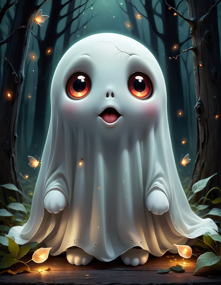 A hyper-realistic digital artwork of an adorable cute ghost looking directly at the viewer with big and red, expressive eyes. The ghost is slightly translucent and shimmering with tiny fireflies under a dimly lit night sky. Leaves gently fall around it, adding to the magical, serene atmosphere. The scene is set on a rough textured surface that resembles the wood. The color palette is dominated by shades of green and grey, emphasizing a chilly, enchanting ambiance
