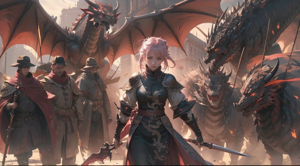 (masterpiece), (best quality), (ultra-detailed), (best illustration), (best shadow), (absurdres), Female, 25 years old, pink hair, serious, glow red eyes, Dragon,