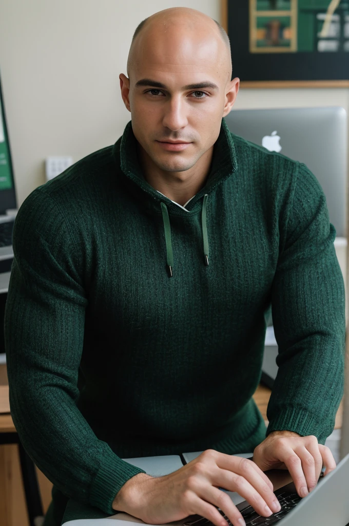 ((8k ((best quality)), ((masterpiece)), (very detailed), real face bald male muscular male full body wear green pullover working on laptop at office

