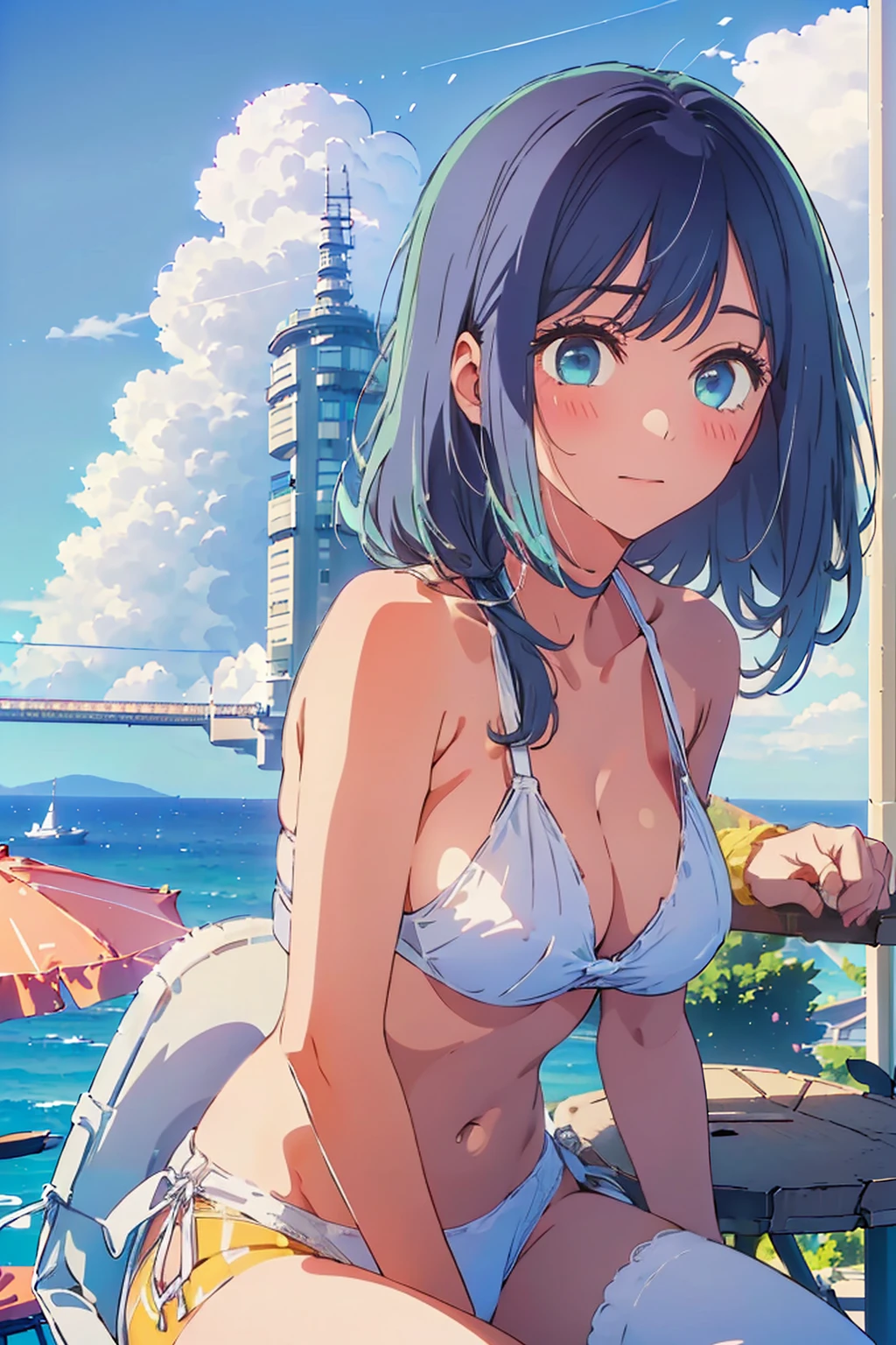 (Highest quality:1.4、8k:1.4,detailed),F cup bust、Big Breasts、Slim and beautiful arms、Slim body、Very white beautiful skin、((((1 person、smile、Swimwear、smile、sit、Chair、In the background are the urban buildings of Tokyo、Outdoor café terrace、coastal、Navy hair color、juice、table、Cheek resting on hand、She is wearing a white side-string high-leg bikini、Looking up、Shooting up close、Very cute face))))、Very beautiful face、Very blue sky、A completely cloudless sky、She tilted her head slightly、The atmosphere is bright and lively、The woman is at the center of the image。