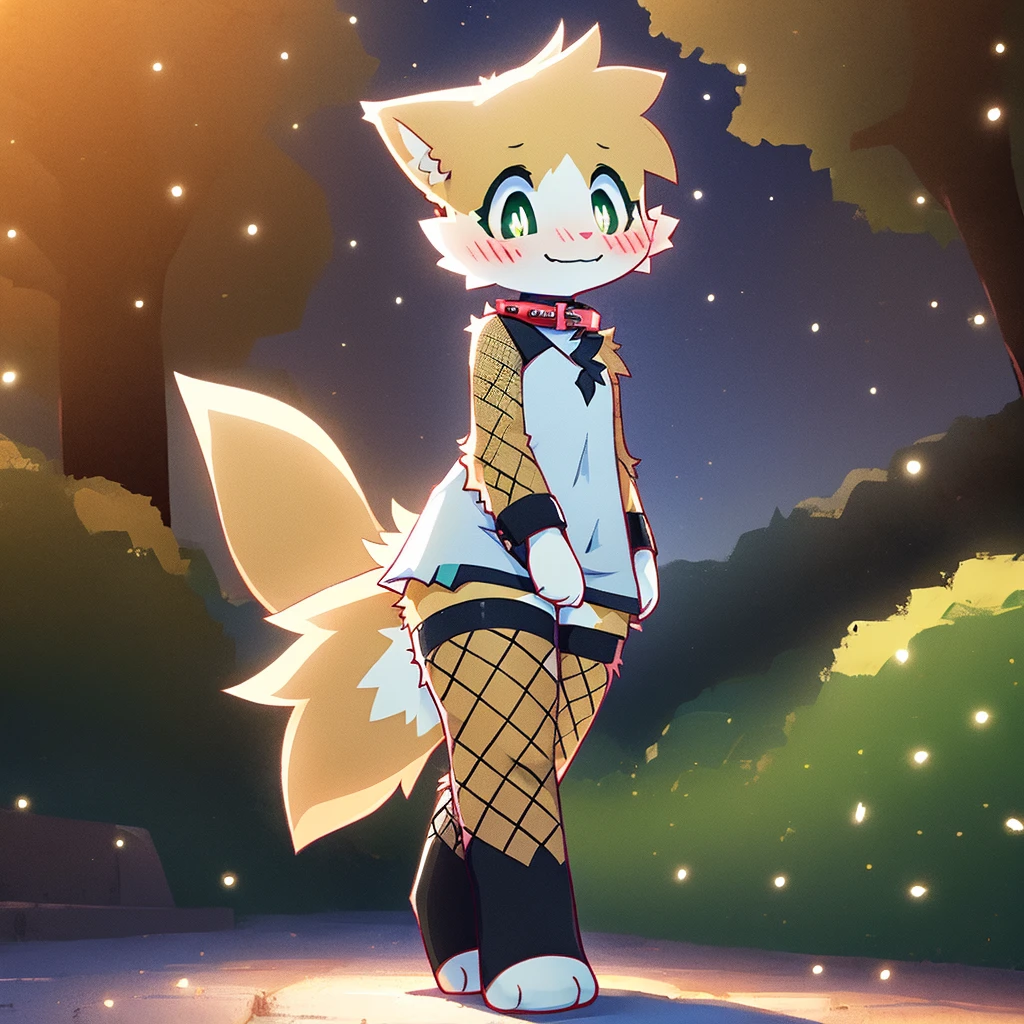 art by dagasi, (solo:1.5), Best Quality, Masterpiece, (Absurdres:), Detailed, Ultra-Detailed, Digital Art, correct anatomy, arms in correct position, full body, (high quality, high res, 4k:1.2), (kid:1.5), (small, youthful), rolo, furry, small, (kid female:1.3), fluffy, light orange fur, green cat eyes, (beautiful eyes), juicy thighs, flushed, embarrassed, small nervous smile, blushing, fluffy tail, eyelashes, slightly enjoying, walking through the park, on a very dark night, very dark, no light, wearing fishnet stockings, (wearing fishnet sleeves:1.2), (red collar:1.2), (spiked collar:1.1), SFW