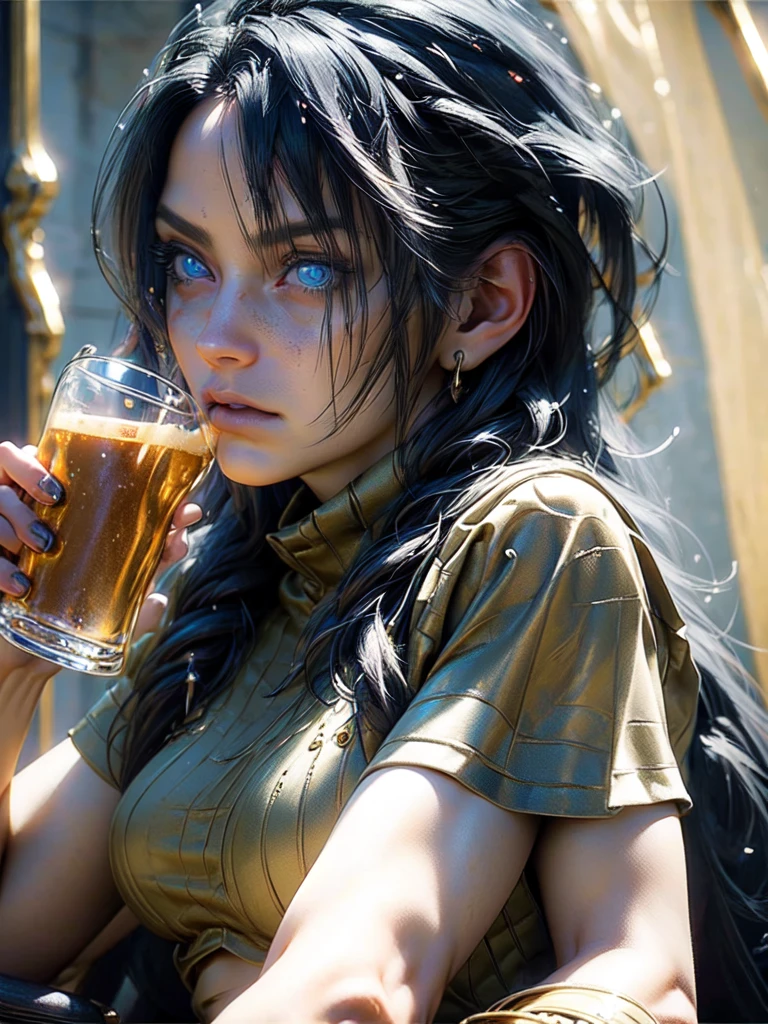1girl,fantasy tavern interior,girl with blue lion eyes,black hair,pale skin,small breasts,slim waist,fit body,witch,mug of beer,candlelight,wooden furniture,intricate details,(best quality,4k,8k,highres,masterpiece:1.2),ultra-detailed,(realistic,photorealistic,photo-realistic:1.37),studio lighting,vivid colors,dramatic lighting