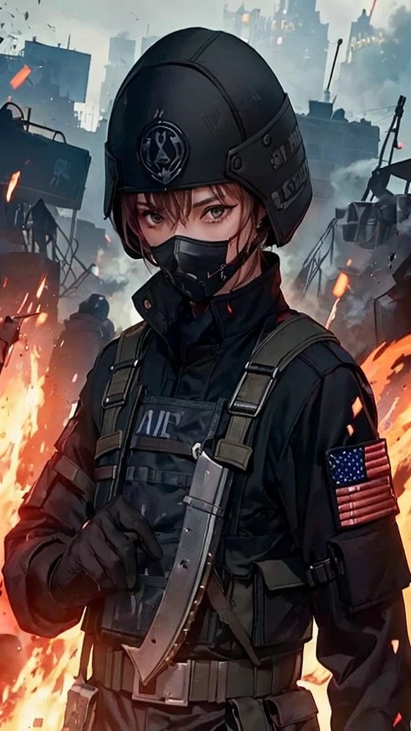 The dark soldier agente in battle, she is brav and seriously, smoke and desteuction in the background 