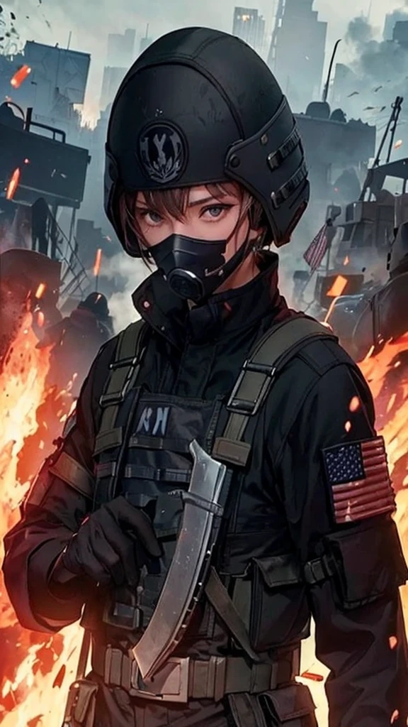 The dark soldier agente in battle, she is brav and seriously, smoke and desteuction in the background