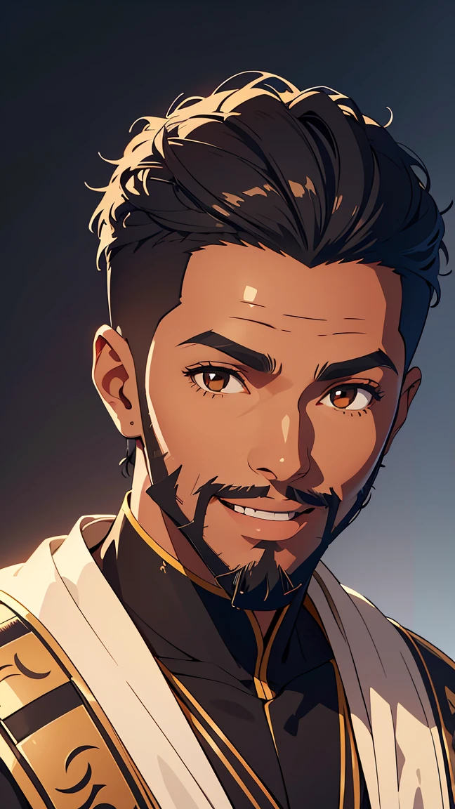 African,man1,(black skin),round face,brown eyes,black hair,(fade haircut,beard,smile),(black Arabic costume for man),highly detailed CG, unit, 8K wallpapers, highest quality, high resolution, beautiful lighting, realistic shadow,detailed face Highly,detailed eyes Highly,detailed hair Highly