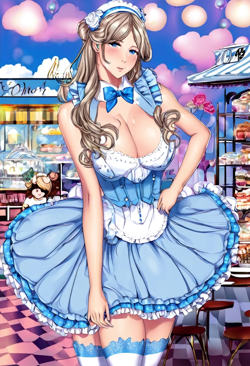 An illustration featuring a ta girl in an anime style is depicted with pastel blue and white attire. The character is characterized by long beige ponytails, hazel eyes, a ruffled headband adorned with a blue ribbon, and white striped blue stockings paired with heels embellished with a bear motif. The scene is set in a café shop.