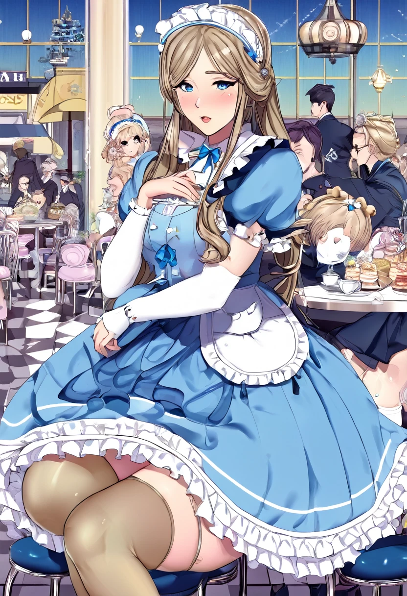 An illustration featuring a Lolita girl in an anime style is depicted with pastel blue and white attire. The character is characterized by long beige ponytails, hazel eyes, a ruffled headband adorned with a blue ribbon, and white striped blue stockings paired with heels embellished with a bear motif. The scene is set in a café shop.