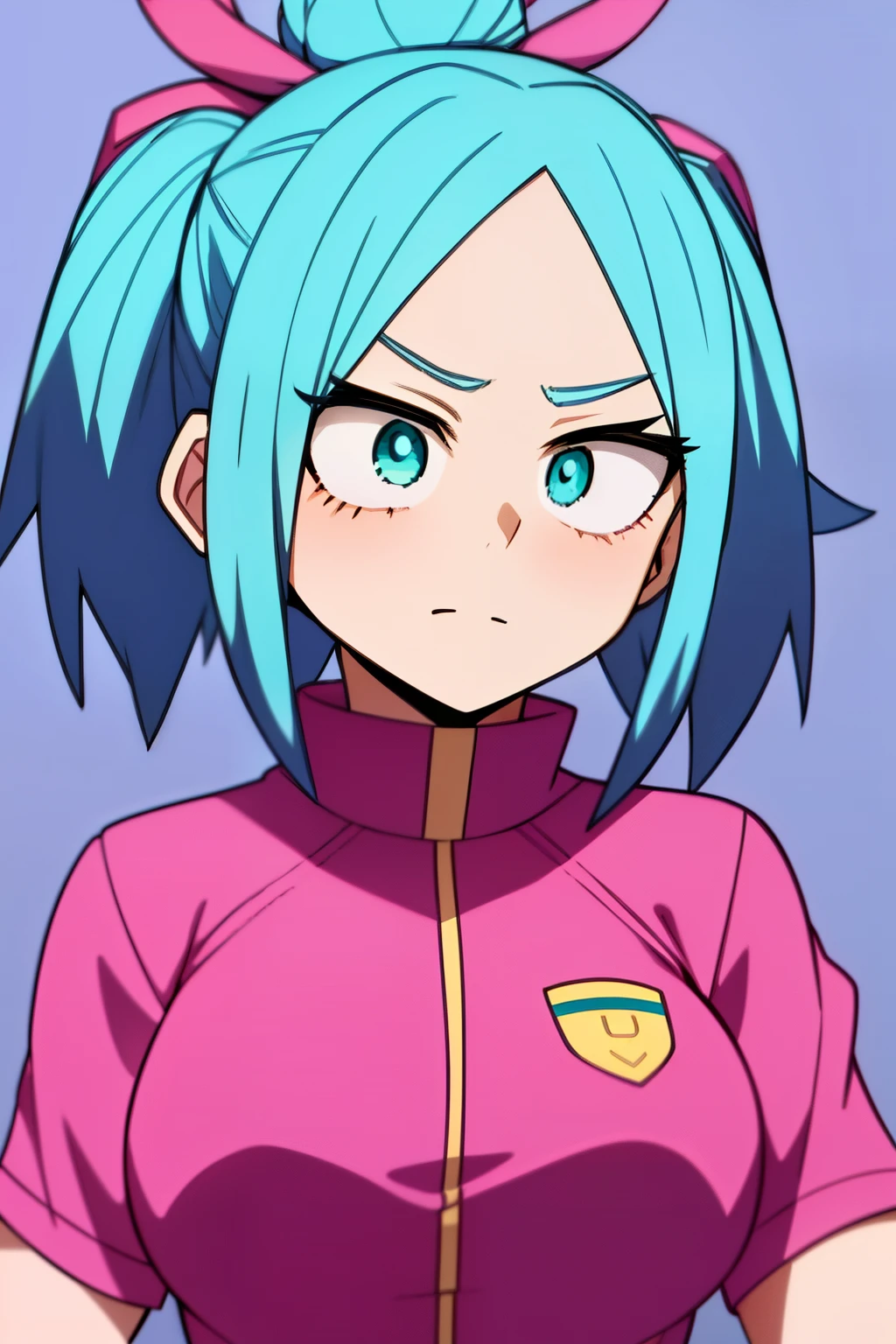 Boku no hero academia anime style screencap, She has short, naturally hot pink hair and aqua green eyes and her hair is almost always tied in two low buns wearing her UA class uniform..