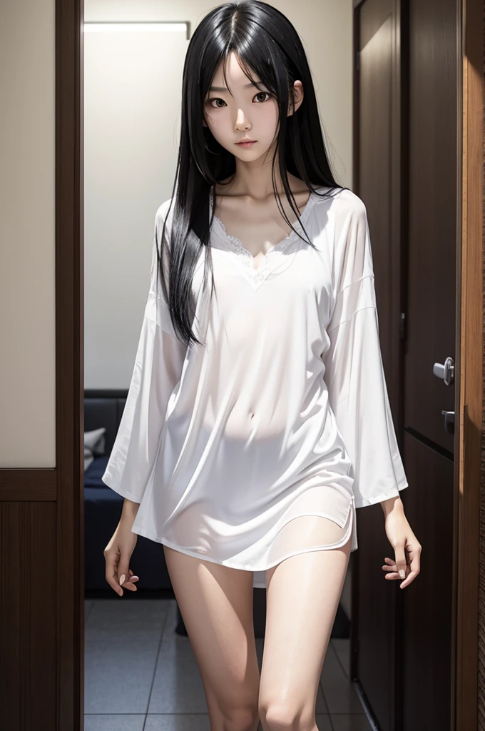 A Japanese woman with long jet black hair that completely covers her face, obscuring it entirely. She has a slender, tween-ish body with a flat chest, small butt, and a pronounced thigh gap. Her skin is pale, contributing to her eerie and aloof appearance. She often wears simple, loose-fitting clothes, adding to her mysterious vib, fully clothed, white nightgown