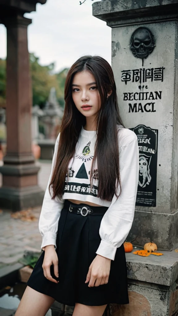 Portrait MagMix Girl look at camera, long hair, grunge y2k with Grave walls, a classic halloween fountain counter, and vintage gringe posters, face lightning, analog film photo, unusual fashion choices, unusual hairstyles choices, pale skin, Korean girl, beautiful girl, black and white outfit, upper image