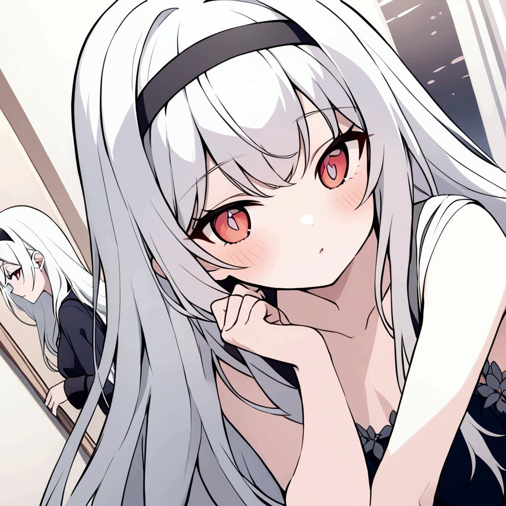 ((masterpiece, best quality))++, Detailed lighting+, Detailed hair+, Detail hand+ ,1 girl, Miss, Long hair, Crimson eyes, beautiful eyes, young white hair,,(Beautiful white hair:1.5),(Beautiful and delicate eyes), high resolution+,glass tint, Reflective eyes, {{angle}} , Very detailed wallpaper, The original, ,Sea of Flowers,Air bangs,city road,Extremely beautiful CG,Girls shopping,Headband,Gray eyelashes