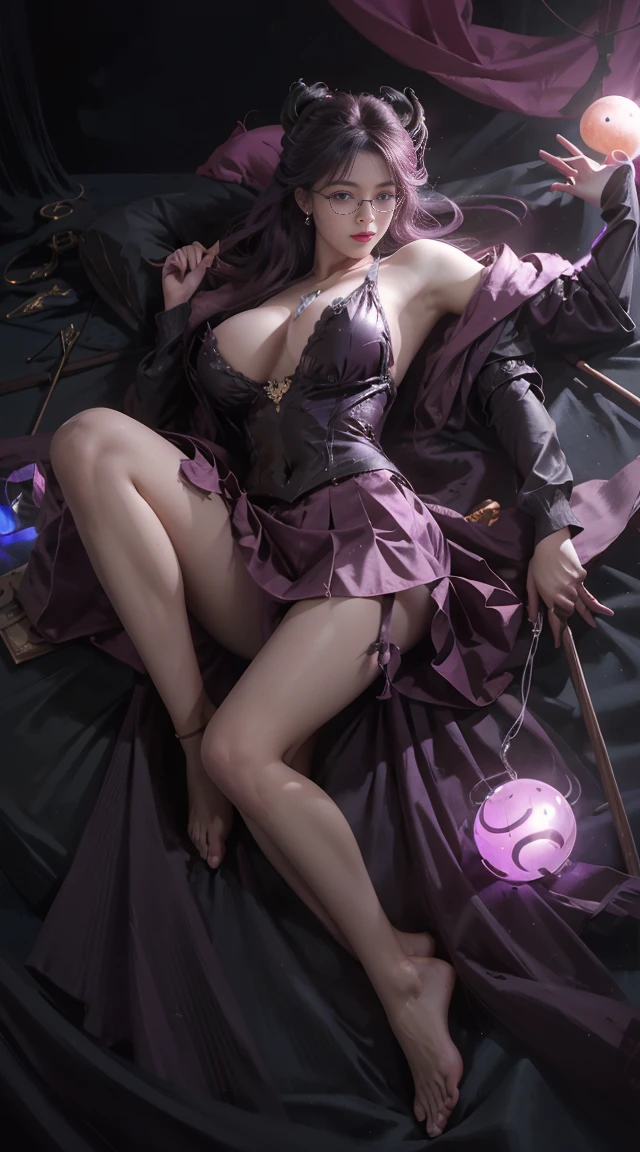 Dark style、Succubus、Devil's Daughter、Bat Wings，(((Demon Hornlack-rimmed round glasses))))、(((Colossal tits)))、(Devil's Tail),（Woman lying on bed）1 girl, Silver hair, striated hair, Bangs, Blunt bangs, Long hair, Pink hair, aqua eyes, longeyelashes, Purple eyes, makeup, Smile, Parted lips, Realism, Verism, surrealism, depth of fields, One-person viewpoint, retinas, masutepiece, ccurate, Anatomically correct, Textured skin,（Coarse short sweater）Floats off the shoulders、off shoulderlack tight skirt（（Full Body Angle））、stick out buttocks）、（shapely breasts,)、((sexypose)))、(camel's toe), tongue、Vaginal orchids、Runny Vaginal Discharge、Blowing tide、Very beautiful breasts、Grasp your breasts with both hands、sexual excitement、 Expressions、shinny skin。realisitic、(Kpop Idol)、Medium Hair、(Pink blush)、(illuminating)、(solo)、dynamicposes、((erectile nipple))、(Puffy eyes:1.２)、 (Slim legs)、erotick