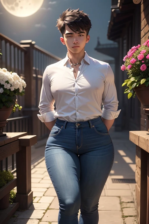 (masterpiece), best quality, expressive eyes, perfect face,young man having long legs thick thighs large hips thin and narrow weist wearing, jeans, formal shirt, moon night garden flowers, very small spikey boyish haircut, boy , boy, wide hips, very wide hips, muscular body, , tugged in, very very wide hips, huge large penis_bulge, smile, big large, very wide hips, very very wide hips, boy, full body, wide very wide hips