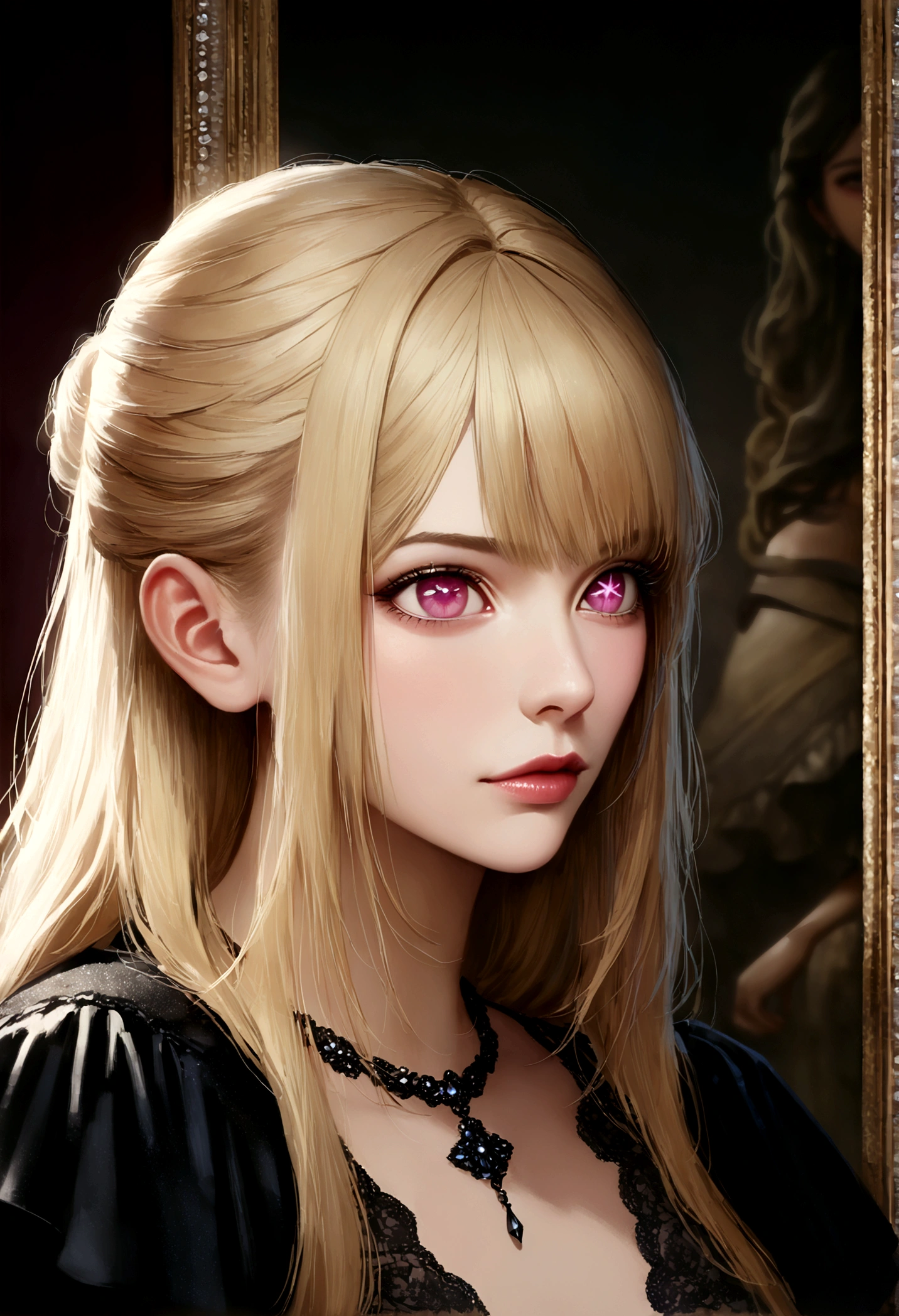 Wearing a black long dress by Chanel, hoshinoruby, star-shaped pupils, ruby_hoshino, blonde hair, bangs, 1girl, pink eyes, long hair, Floor with luxurious chandeliers, (realistic, masterpiece, high quality, 8K, high resolution:1.3), extremely detailed CG, (illustration:0.8),