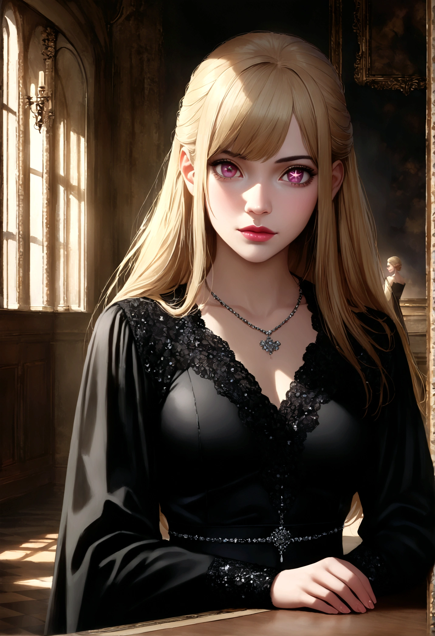 Wearing a black long dress by Chanel, hoshinoruby, star-shaped pupils, ruby_hoshino, blonde hair, bangs, 1girl, pink eyes, long hair, Floor with luxurious chandeliers, (realistic, masterpiece, high quality, 8K, high resolution:1.3), extremely detailed CG, (illustration:0.8),