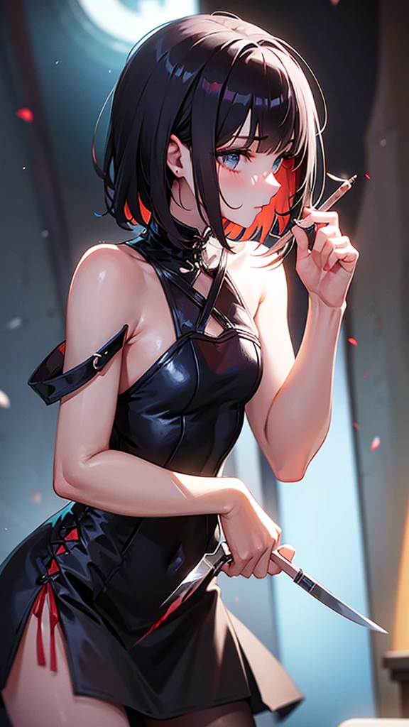 Short shoulder length hair girl, beautiful, holding knife, blood