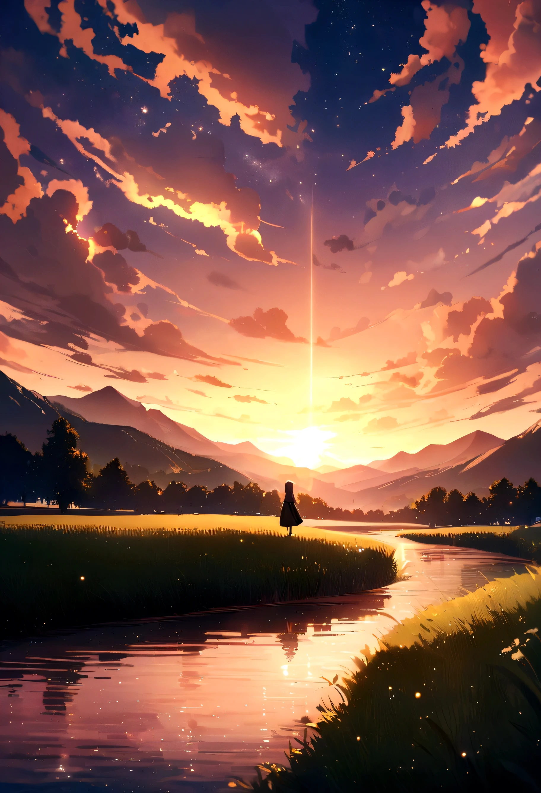 , river, Beautiful sunset, Big Clouds, Green Grass, Sad mood, Stars can be seen through the clouds, space, A ray of sunlight illuminates the world, masterpiece, Mountain々