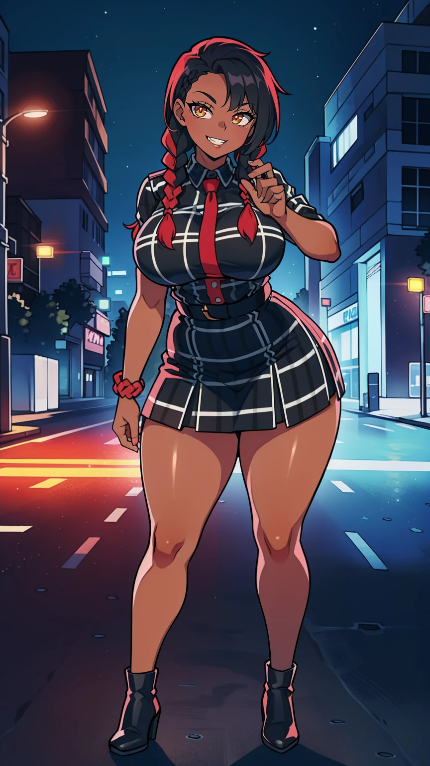 4K Quality, grinning, sexy pose, (black plaid skirt), standing up, ((black and red braids)), (dark skinned), thick thighs, big breasted, big ass, looking at viewer, amber eyes, night time, bedroom eyes, full body, neon city background, perfect face, perfect body, perfect eyes, full lips,