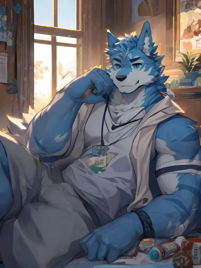 （masterpiece），（best quality），（Ultra-clear picture quality），In a cozy little house，Muscular body, Blue and white fur, Lying in bed, windowsill background,head tilted to one side, sunny, Wearing grey house clothes, Wolf furry character，There are several empty medicine bottles scattered on the bed