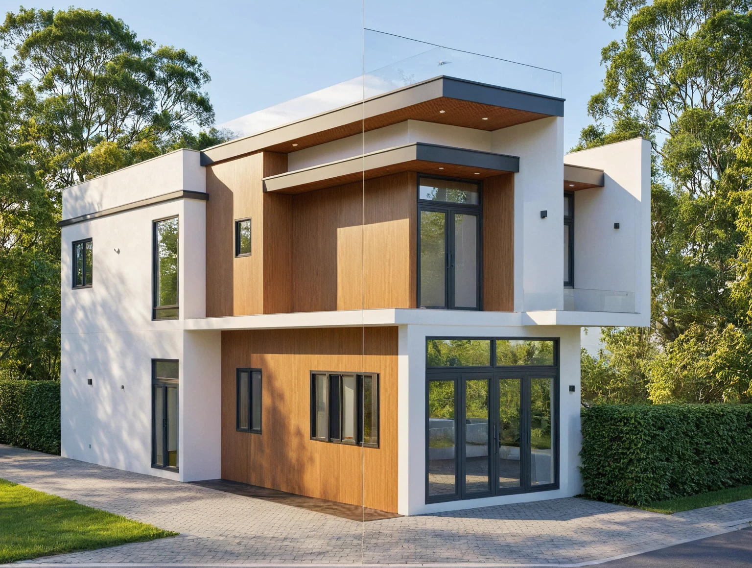 Photo brute,chef-d'artwork, High quality, best quality, authentique, great detail,
Outside, en plein air, style de maison moderne dans la rue, glass windows, grille, plafond en bois,
route,pavement, des arbres, ciel, nuage, (day light:1.1)