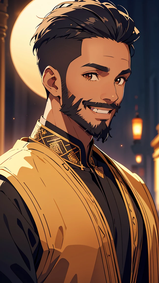 African,man1,(black skin),round face,brown eyes,black hair,(fade haircut,beard,smile),(black Arabic costume for man),highly detailed CG, unit, 8K wallpapers, highest quality, high resolution, beautiful lighting, realistic shadow,detailed face Highly,detailed eyes Highly,detailed hair Highly