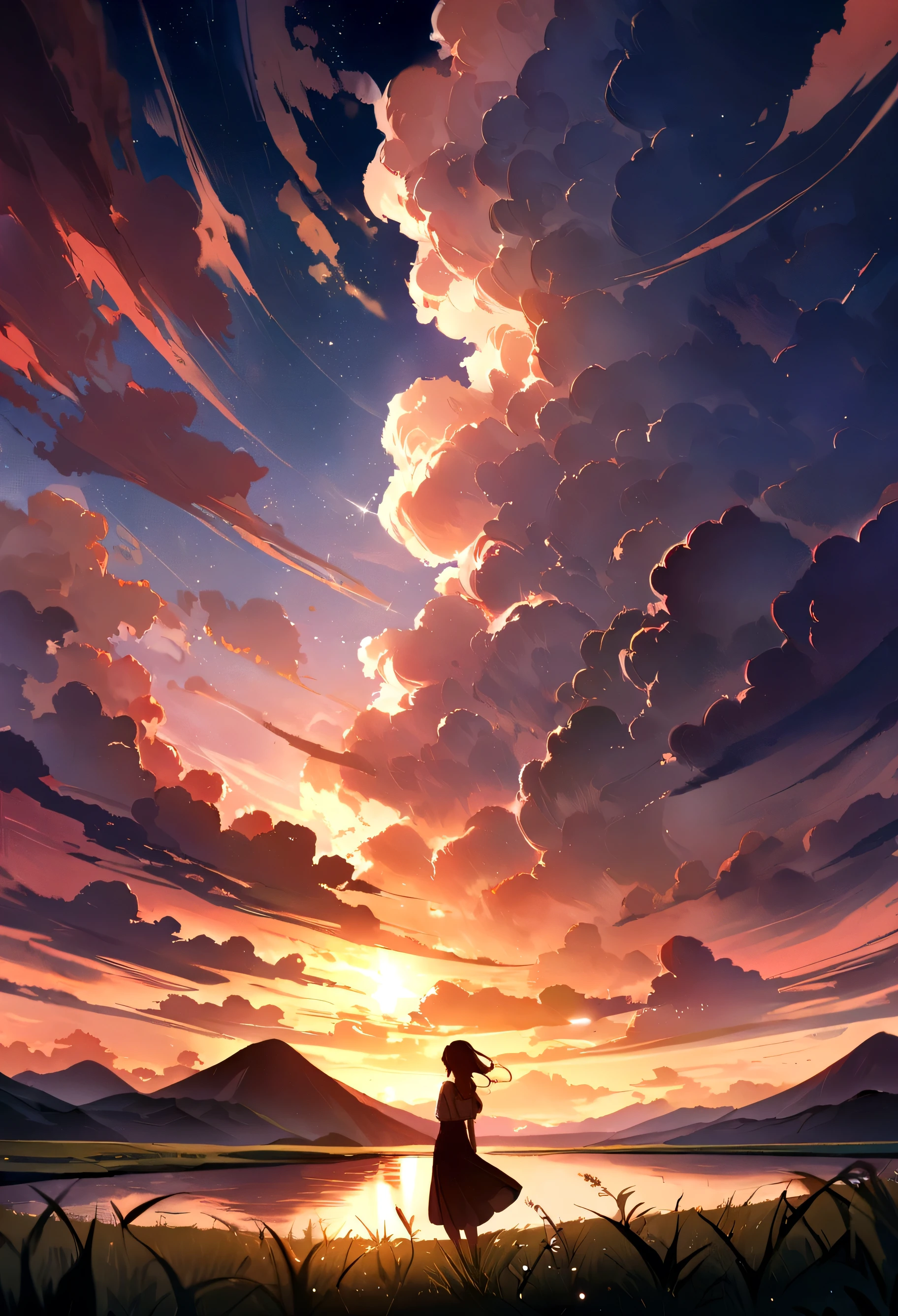 , river, Beautiful sunset, Big Clouds, Green Grass, Sad mood, Stars can be seen through the clouds, space, A ray of sunlight illuminates the world, masterpiece, Mountain々