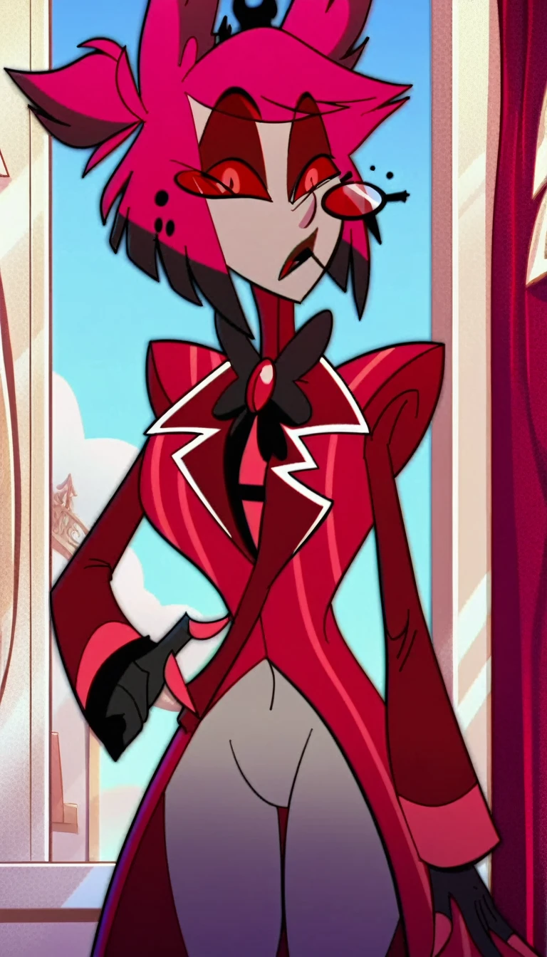 alastor, solo, 1girl, standing, huge breasts, grey skin, red suit, monocle, BREAK score_9, score_8_up, score_7_up, score_6_up, screencap
