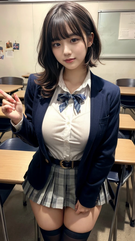 masterpiece, best quality, illustration, Super detailed, fine details, High resolution, 8K,wall paper, perfect dynamic composition,(Details High quality, realistic depiction of eyes:1.3), from side, High School Classroom、High school girl uniform、blazer 、Super Short Check Uniform Skirt、Navy blue high socks、garterbelts、Colossal tits、Disturbed uniform,  short hair, (wavy hair:1.2), short bob hair, black hair color, large breasts, Big Natural Color Lip, acrobatic pose, perfect body shape, crying a little、Harajuku style、20 year old girl、cute type, beautiful legs, hposing Gravure Idol, Voluptuous thighs