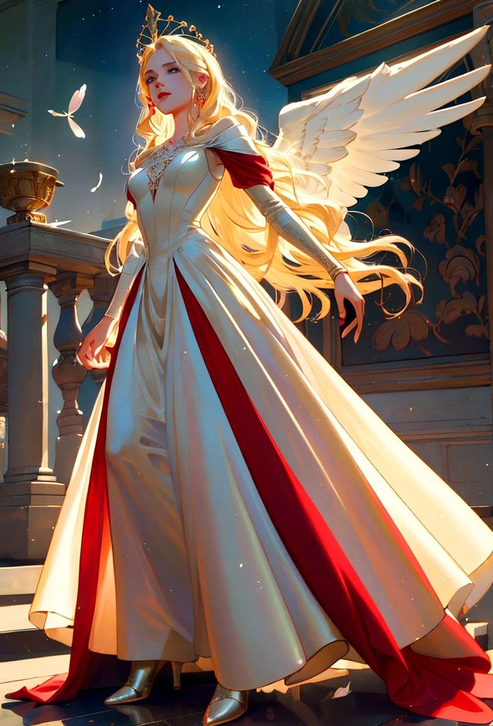 Arafed, a picture of a female angel in high society prom event, divine beautiful female angel, blond hair, long hair, flowing hair, the hair glows in a soft light, cerulean eyes, deep light eyes, divine beautiful face, (spread white feather wings: 1.1), she wears a ((red evening dress: 1.2)), elegant, intricate detailed dress, silk dress, small cleavage, some crystals on the dress,  she wears elegant knee high heeled boots, exquisite high heeled boots, she stands on the porch of a fantasy castle, dynamic angle, soft torch light, (Masterpiece: 1.5), 16k, highres, best quality, high details, ultra detailed, masterpiece, best quality, (extremely detailed), AngelStyle, GlowingRunesAI_paleblue, rosewing