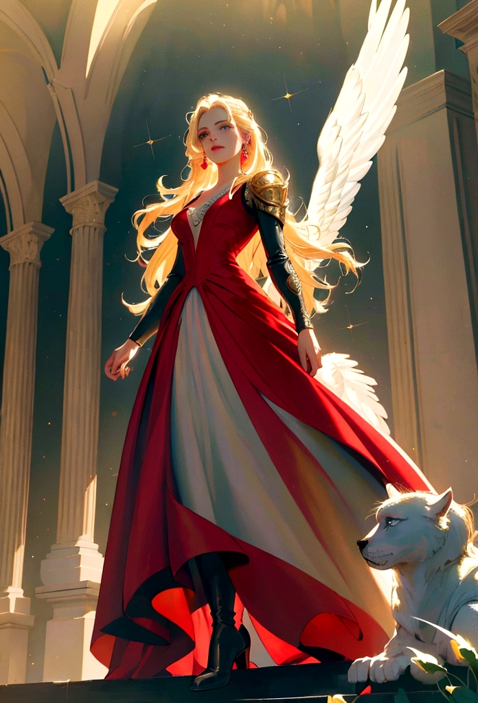 Arafed, a picture of a female angel in high society prom event, divine beautiful female angel, blond hair, long hair, flowing hair, the hair glows in a soft light, cerulean eyes, deep light eyes, divine beautiful face, (spread white feather wings: 1.1), she wears a ((red evening dress: 1.2)), elegant, intricate detailed dress, silk dress, small cleavage, some crystals on the dress,  she wears elegant knee high heeled boots, exquisite high heeled boots, she stands on the porch of a fantasy castle, dynamic angle, soft torch light, (Masterpiece: 1.5), 16k, highres, best quality, high details, ultra detailed, masterpiece, best quality, (extremely detailed), AngelStyle, GlowingRunesAI_paleblue, rosewing