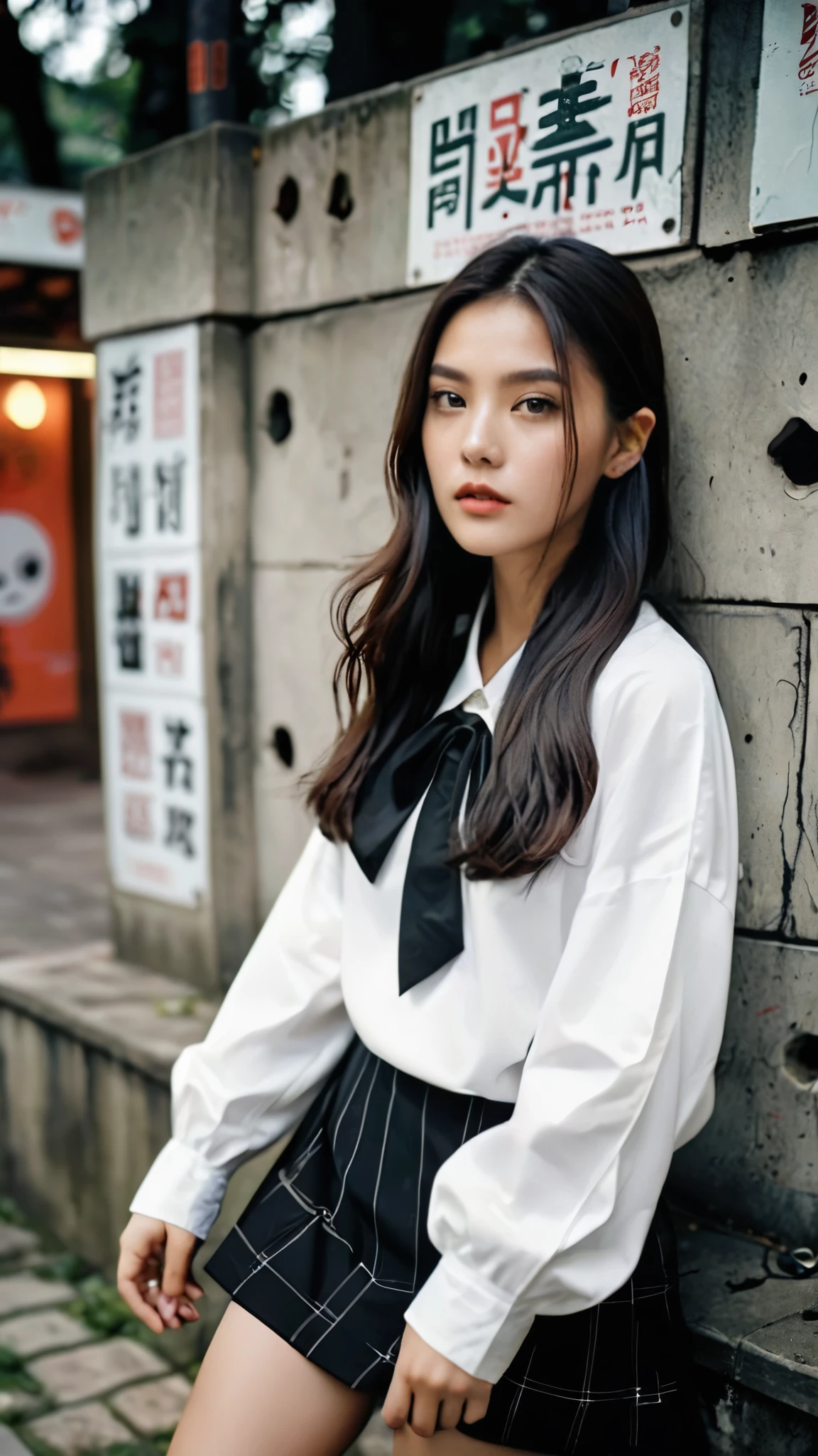 Portrait MagMix Girl look at camera, long hair, grunge y2k with Grave walls, a classic halloween fountain counter, and vintage gringe posters, face lightning, analog film photo, unusual fashion choices, unusual hairstyles choices, pale skin, Korean girl, beautiful girl, black and white outfit