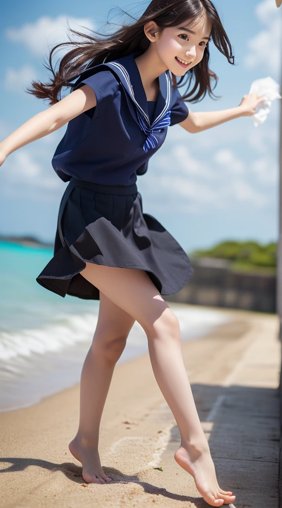 1girl,(((Okinawa ocean)))、(((White sand beaches in Okinawa)))、(((Just join your hands and pray)))、(((Mysterious look)))、8k UHD、Digital single-lens reflex camera、High resolution、Shallow depth of field、Natural light、(((Sailor suit)))、へそ出しルック、(((navy blue super mini skirt)))、(((A sparkling, charming smile)))、(((Full body photography)) )、Small person、(((Young face)))、1 Japanese female、12 years old;beautiful girl、(Black Hair)、A strong wind blows up my skirt、(((Brown eyes)))、Glowing Skin、Smooth Thinning Hair、Long Hair、Detailed background、Detailed eyes and face、Clear Eyes、Cute smile、Calm atmosphere、(((stage)))、(((Small breasts)))、(((Beautiful Eyes)))、Flat chest、Children、(((Toned thighs))) 、(((Angle from below) ))、(((Fine lips)))、(((Skirt fluttering)))、Shining beautiful legs、( Skirt fluttering violently in the strong wind :1.4), (hair blowing in the strong wind:1.4), (leaning forward)、barefoot、barefoot、((((A skirt flipped up by a strong wind))))