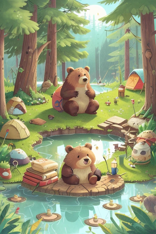 A bear is camping, child, Hot spring pond