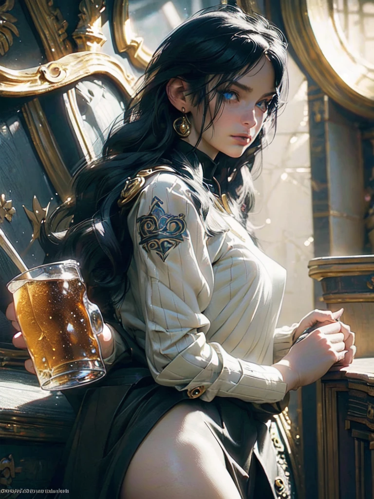 1girl,fantasy tavern interior,girl with blue lion eyes,black hair,pale skin,small breasts,slim waist,fit body,witch,mug of beer,candlelight,wooden furniture,intricate details,(best quality,4k,8k,highres,masterpiece:1.2),ultra-detailed,(realistic,photorealistic,photo-realistic:1.37),studio lighting,vivid colors,dramatic lighting