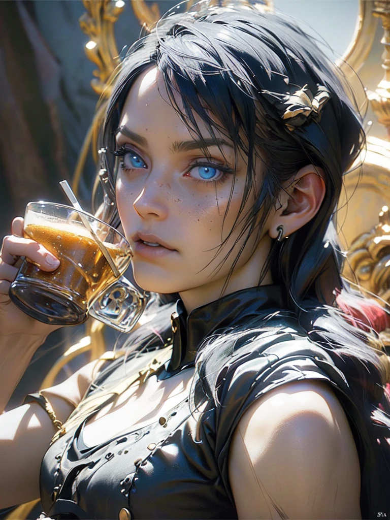 1girl,fantasy tavern interior,girl with blue lion eyes,black hair,pale skin,small breasts,slim waist,fit body,witch,mug of beer,candlelight,wooden furniture,intricate details,(best quality,4k,8k,highres,masterpiece:1.2),ultra-detailed,(realistic,photorealistic,photo-realistic:1.37),studio lighting,vivid colors,dramatic lighting