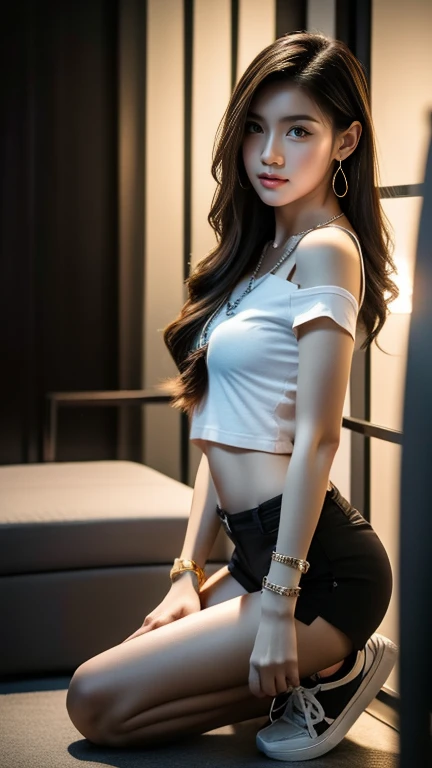 best quality, Masterpiece, High resolution,8k,(realistically:1.4),超High resolution,1 girl, Very detailed, Exaggerated, Highly detailed CG illustrations., official art, Cinematic lighting, realistic, young and beautiful girl, perfect shape, perfect shape, full view, perfect body, (Start below:1.3), Posing obscenely, sexy long legs, self-confidence, beautiful sexy, gray short sleeve, Open the abdomen., super black shorts, The body is S-shaped., Buttocks facing up,rest on top,stance,different perspective, big round hoop earrings, Diamond choker, Gold Necklace, silver necklace, small watch, bangle, bracelet, bangleข้อเท้า, waist necklace, shoulder bag, (Close-up full body photo, saw sneakers)
