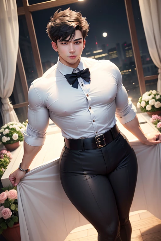 (masterpiece), best quality, expressive eyes, perfect face,young man having long legs thick thighs large hips thin and narrow weist wearing white skirt, formal shirt, moon night garden flowers, very small spikey boyish haircut, boy , boy, wide hips, very wide hips, muscular body, , tugged in, very very wide hips, huge large penis_bulge, smile, big large, very wide hips, very very wide hips, boy, full body, wide very wide hips , thick thighs, thin and narrow weist, Hansome man ,  bearded 