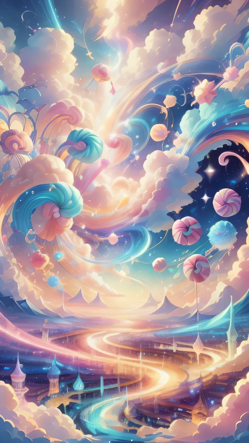 candy magic , Vibrant , sweet aura, cream stream,
Massive Spells,, Sky with clouds
