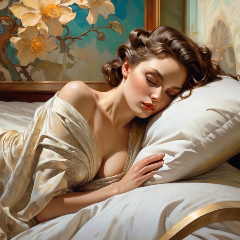 (masterpiece) situation in the bedroom, 1 woman lies on a luxurious bed, pose of relaxation and tranquility, an ethereal and beautiful Hugo Boss model from the 1940s., Beautiful painting with a very detailed face by Alphonse Mucha., Craig Mullins, Greg Rutkowski, Magali Villanueva, (the most beautiful picture), Without clothing, the whole body is visible, Perfect Body Shape, view from waist level, luxurious bedroom and interior