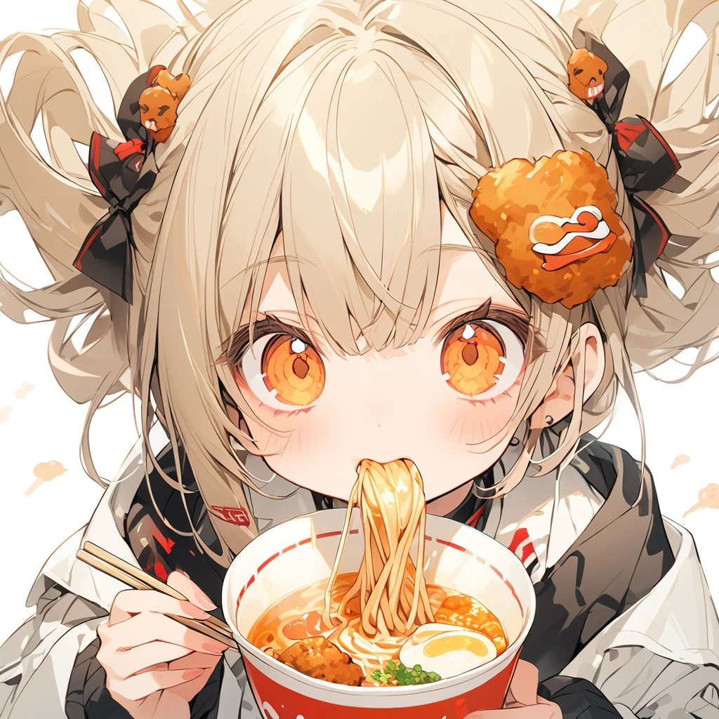 A with a slurping ramen. Fried chicken hair ornament is delicious