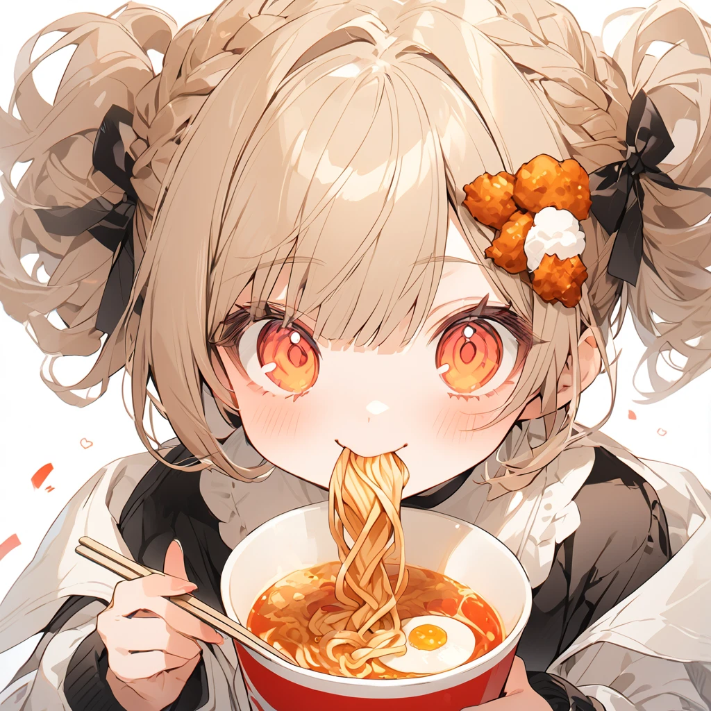 A with a slurping ramen. Fried chicken hair ornament is delicious