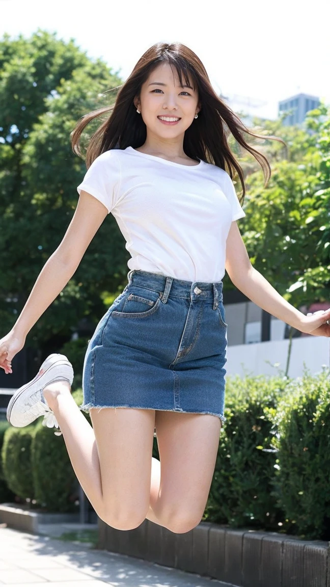 Highest quality、masterpiece、Ultra-high resolution、(Realistic:1.4)、Downtown Tokyo、woman、ライオンから逃げるwoman、(((Jump and spin)))、Grin、beautiful woman、White T-shirt、Light blue denim mini skirt、sneakers