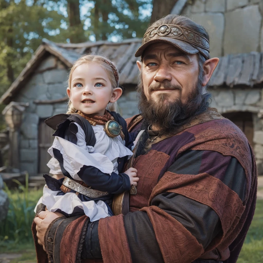 High fantasy, dwarf on right holding goblin on left, mythic background
