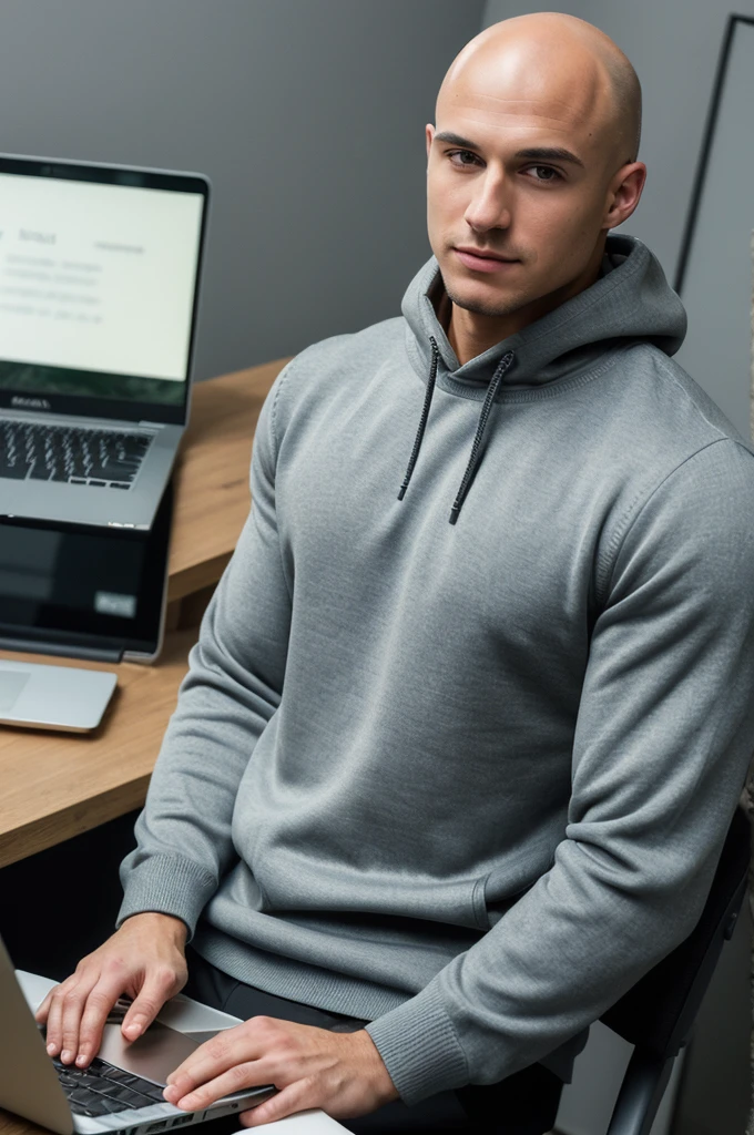 ((8k ((best quality)), ((masterpiece)), (very detailed), real face bald male muscular male full body wear pullover working on laptop at office